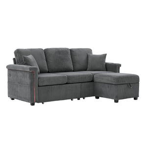 English Elm UNITED Corduroy L-Shaped Sectional Sofa with Storage Ottoman, USB Ports, Cup Holders & LED Lighting Dark Gray W1568P332407