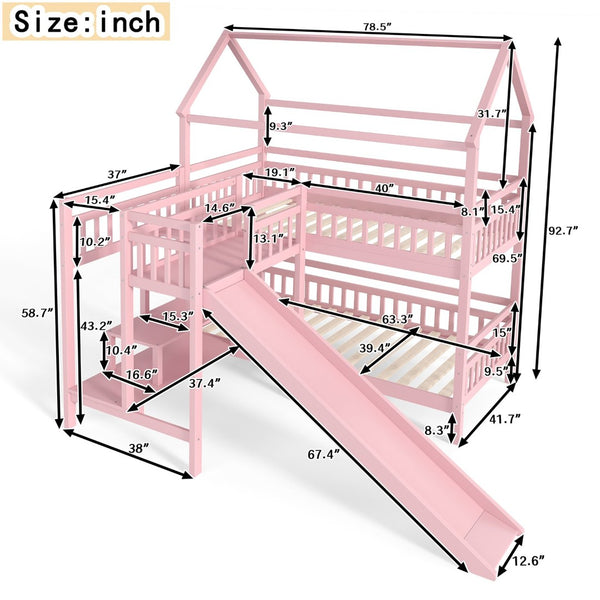 English Elm Full Bunk Bed with Trundle Bookshelf Storage Pine Frame Car Design for Kids W1580S00302