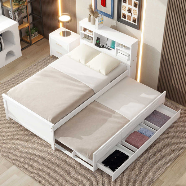 English Elm Twin Platform Bed with Storage Headboard, Pull-Out Trundle & 3 Drawers, USB Ports, Solid Wood Durability White GX000715AAK