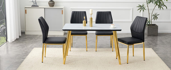 English Elm Table and Chair Set Marble Glass Top Gold Legs Modern 5 Piece Dining for Small Spaces Black,White+Gold W1151S04652