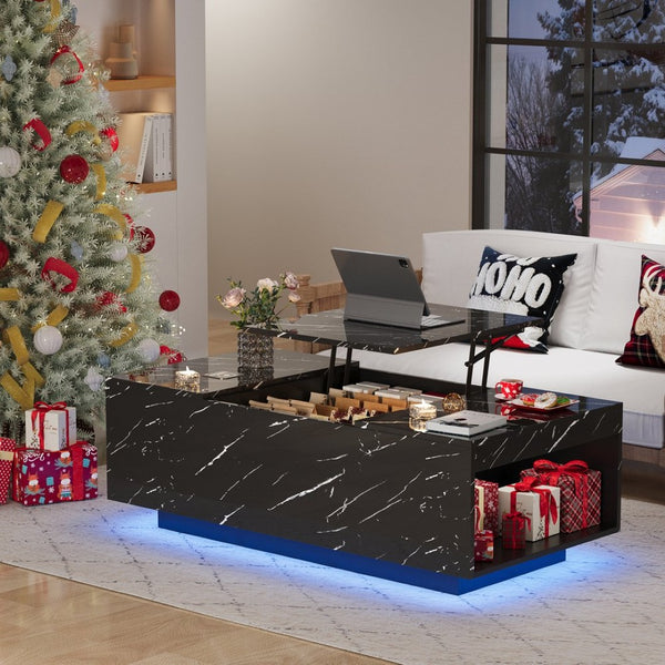 English Elm Coffee Table with Led Lighting Bluetooth Speaker Wireless Charging and Faux Marble Top T3773P415730