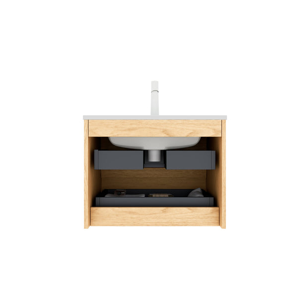 English Elm BRON 24" Bathroom Vanity with Ceramic Sink, Corolla Oak Veneer, Wall-Mounted Floating Cabinet, Soft-Close Drawers W2615P264552
