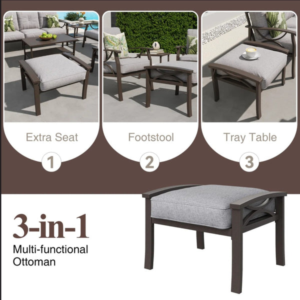 English Elm Set of 2 Outdoor Steel Ottomans with Water Repellent Cushions for Patio or Deck Gray+ Khaki B082P455154