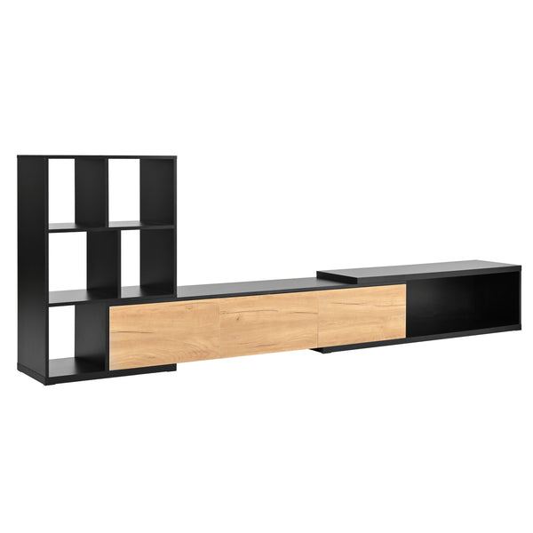 English Elm ON-TREND Extendable TV Stand 74.8"-126" with 3-Tier Shelves, Sliding Tabletop & Cabinets for Organized Living Room Black WF531669AAB