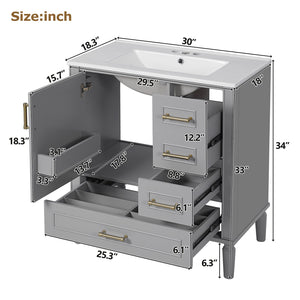 English Elm 30" Elegant Bathroom Vanity with Ceramic Sink, Soft-Close Door & 3 Drawers, Gold Handles, Durable Finish Gray N729P184479E
