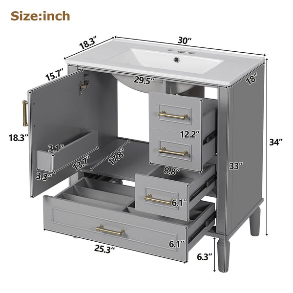 English Elm 30" Elegant Bathroom Vanity with Ceramic Sink, Soft-Close Door & 3 Drawers, Gold Handles, Durable Finish Gray N729P184479E