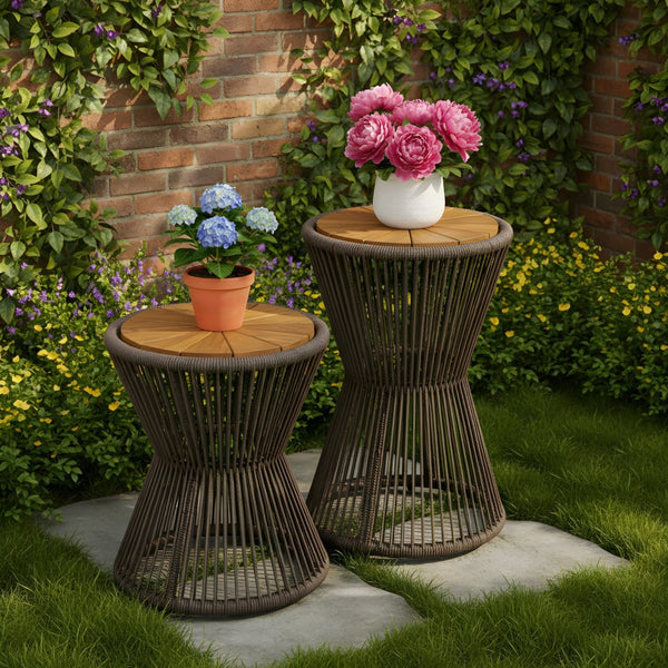 English Elm Scott Living Nara Outdoor Acacia Wood Side Tables with Woven Rope Iron Frame Set Dark Grey,Teak N770PS2354692D