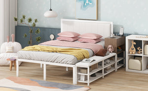 English Elm Full Size Metal Platform Bed With Stylish Storage Shelves & Cushioned Footrest For Organized Living N737P199334K