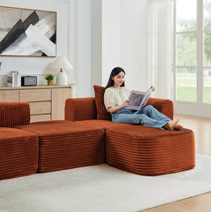 English Elm 114" Cloud Sectional Couch with L-Shape Chaise Modular Corduroy Sofa with Movable Ottoman, No Assembly Required, Plush Comfort for Living Spaces Orange W1117P371653