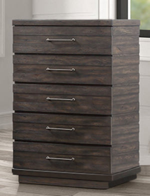 English Elm Indutrial Farmhouse 5 Drawer Chest Brown Solid Wood+MDF, Cedar-Lined Bottom Drawer, Smooth Slides B2699P237056
