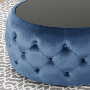 English Elm Christopher Knight Home® - OTTOMAN Velvet Button-Tufted Diamond Stitch with Tempered Glass Top, Modern Glam Accent Table Ottoman Dark Blue 62732.00CBLT