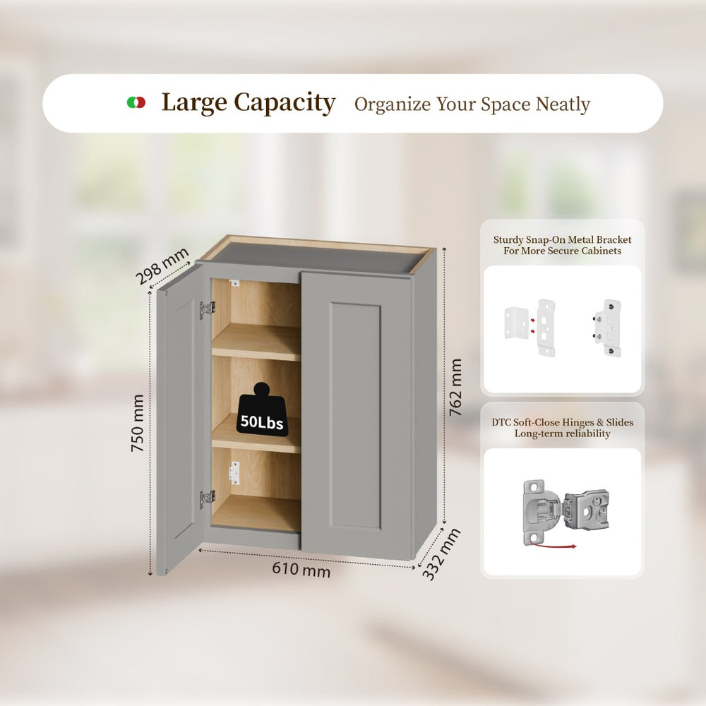 English Elm Gray Shaker Wall Cabinet Solid Wood Double Door Soft Close Kitchen Bath Storage Gray W5662P465943