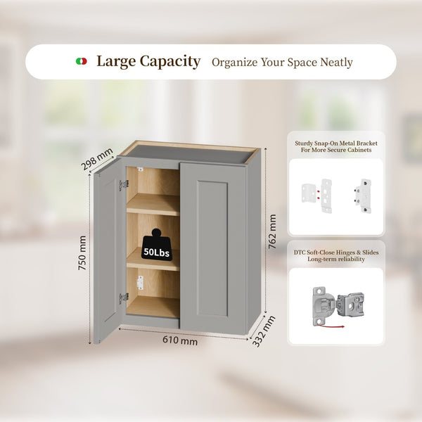 English Elm Gray Shaker Wall Cabinet Solid Wood Double Door Soft Close Kitchen Bath Storage Gray W5662P465943