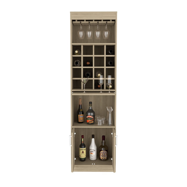 English Elm Being Kava Floor Bar Cabinet Light Pine Finish with Wine Rack and Stemware Storage B200S00097