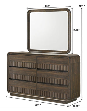 English Elm Mid-century Six Drawer Dresser with Fluted Fronts and Dark Wood Grain Bedroom Storage B2741P457654