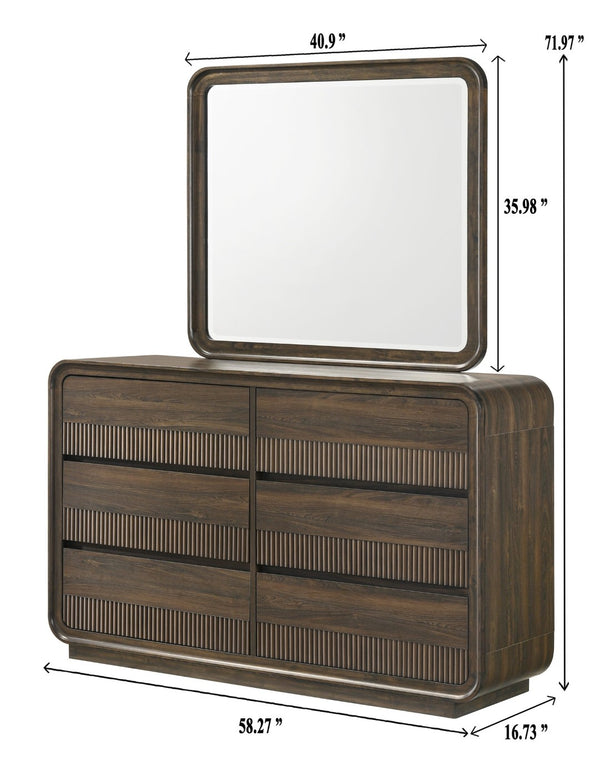 English Elm Mid-century Six Drawer Dresser with Fluted Fronts and Dark Wood Grain Bedroom Storage B2741P457654