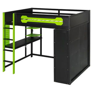 English Elm Full Size Gaming Loft Bed with Rgb Lighting Integrated Desk and Open Wardrobe Green N820S00073F
