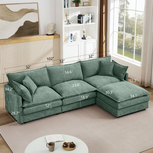 English Elm Modular L-Shaped Sectional Sofa, 102 Inch Mint Green Chenille Couch With Removable Ottoman & Comfort W1359S00032
