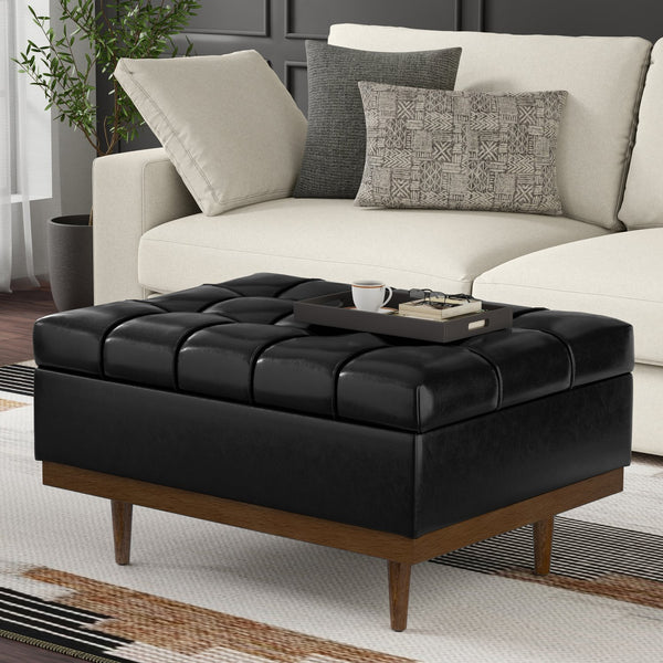 English Elm Mariah Tufted Storage Ottoman Coffee Table with Lift-Up Lid, Vegan Leather, Walnut Base, Multipurpose Seating Black B136P252688