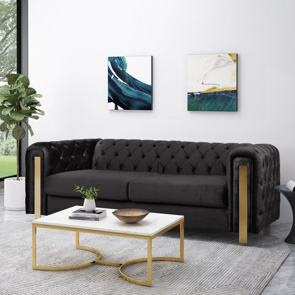 English Elm Christopher Knight Home® - Mirod Modern 3-Seat Sofa with Tufted Back and Arms, Polyester Upholstery, Foam & Pocket Spring Comfort Black 69439.00BLK