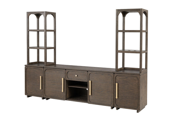 English Elm Transitional Vellara Entertainment Center Dark Walnut Finish 118"W x 78"H Recessed Panels, Gold Handles B2741S00692