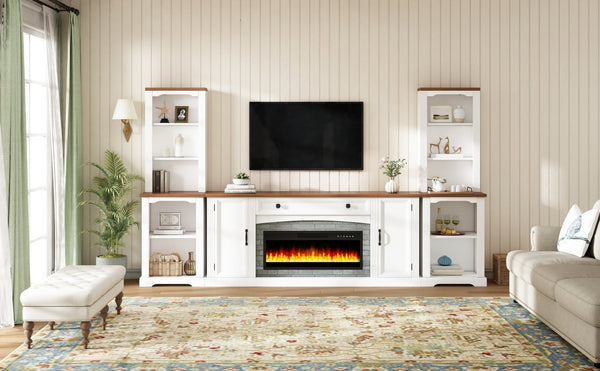 English Elm 3-piece Farmhouse Entertainment Center with Curved Cabinets Walnut Mdf Modular Living Room White N721S000072K