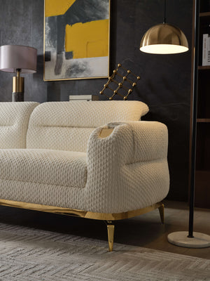 English Elm Zoe Luxe loveseat with gold-accented legs and armrest trim, cut chenille upholstery, ergonomic lumbar support Cream G150109331