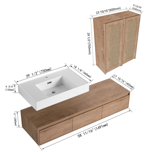 English Elm 60-Inch Wall-Mounted Bathroom Vanity With Integrated Resin Sink, Soft-Close Drawers & Elegant Oak Finish W999S00358
