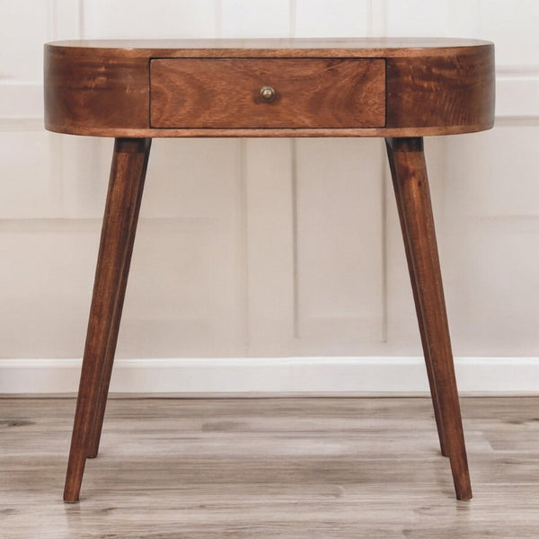 English Elm Solid Wood Console Table In California Walnut Finish, Rounded Design With 1 Drawer & Nordic Legs B182P279221-GIGA