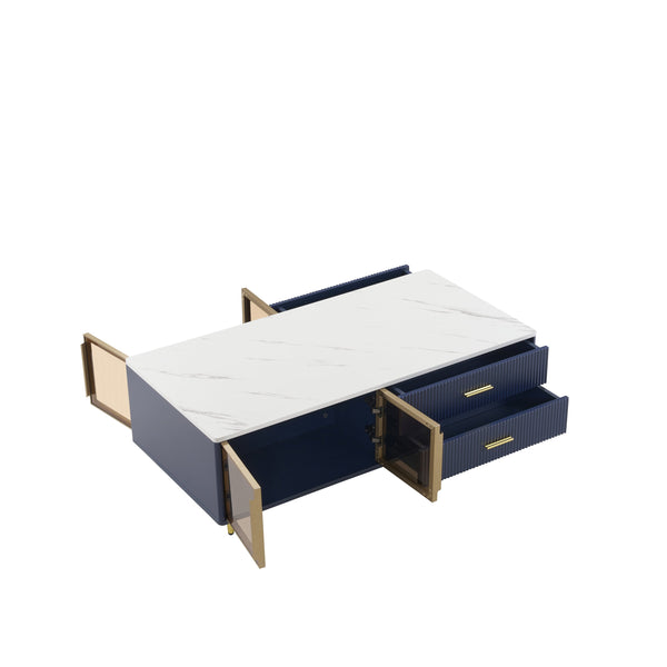 English Elm Modern Blue MDF Coffee Table 47.2" with Marble White Top, Gold Legs, 2 Glass Doors, 4 Drawers, LED N735P167910