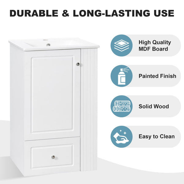 English Elm 20" Freestanding Bathroom Vanity Mdf Cabinet Ceramic Sink Open Shelves Powder Room White N725P364210K