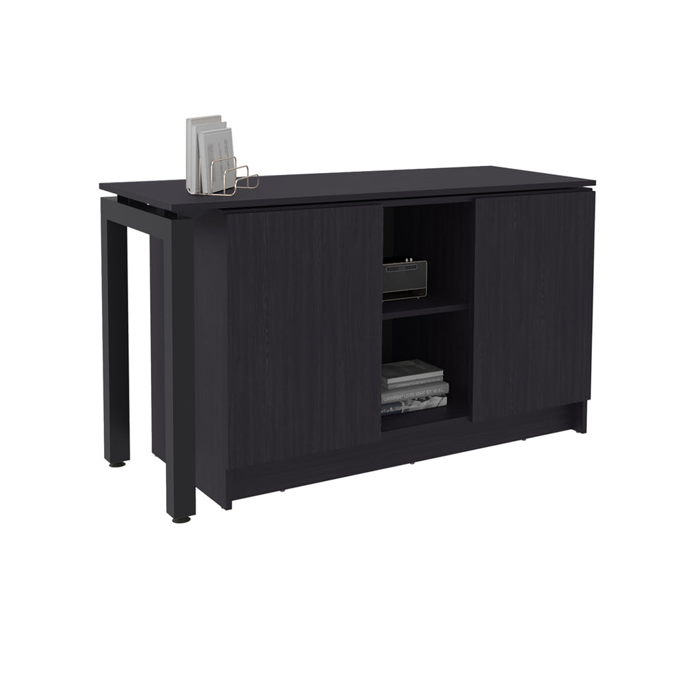 English Elm Desk Rotating L-Shape 28.5" H Black Wengue Corner Workstation with 2 Doors, 5 Shelves & Legs B097S00200