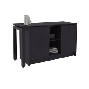 English Elm Desk Rotating L-Shape 28.5" H Black Wengue Corner Workstation with 2 Doors, 5 Shelves & Legs B097S00200
