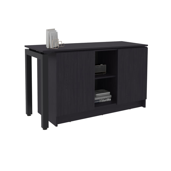 English Elm Desk Rotating L-Shape 28.5" H Black Wengue Corner Workstation with 2 Doors, 5 Shelves & Legs B097S00200