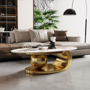English Elm Gold Pedestal Coffee Table with Sintered Stone Marble Top for Modern Living Rooms W3985S00020