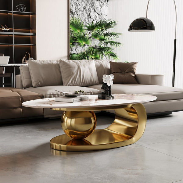 English Elm Gold Pedestal Coffee Table with Sintered Stone Marble Top for Modern Living Rooms W3985S00020