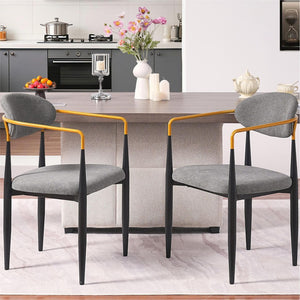 English Elm Modern Upholstered Dining Chairs Set of 2 Beige Fabric Gold Arm Black Frame W5501P462422