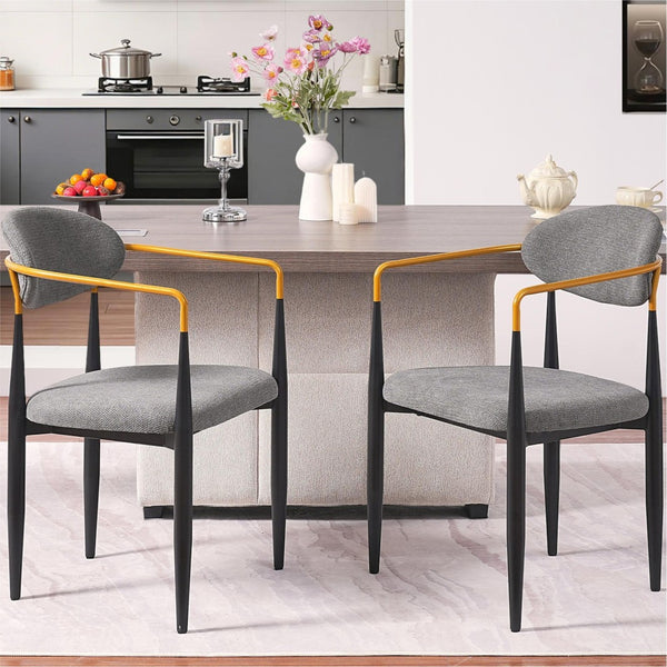 English Elm Modern Upholstered Dining Chairs Set of 2 Beige Fabric Gold Arm Black Frame W5501P462422