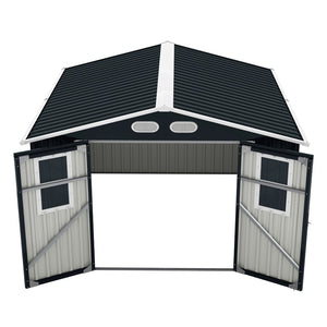 English Elm Outdoor Metal Storage Shed 8x8 Ft with Four Windows and Lockable Double Doors Dark Gray W1598S00041