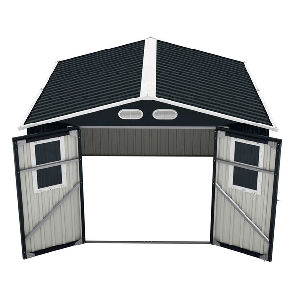 English Elm Outdoor Metal Storage Shed 8x8 Ft with Four Windows and Lockable Double Doors Dark Gray W1598S00041
