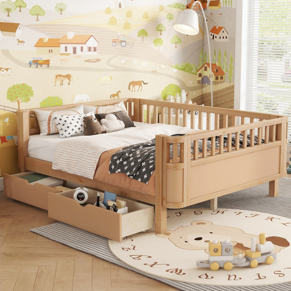 English Elm Full Solid Wood Kids Platform Bed with Guardrail, Low-Profile Durable Pine & MDF, 350LB Capacity Natural 69.69 L x 18.5 W x 8.66 H W2593P331687