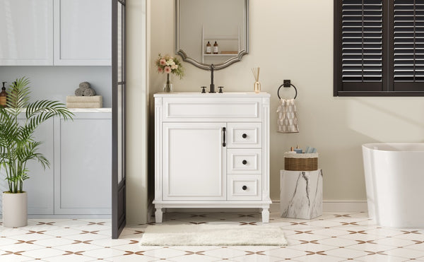 English Elm 30" French-Inspired Bathroom Vanity With Ceramic Sink, 2 Soft-Close Drawers & Adjustable Shelf Storage N710P323323K