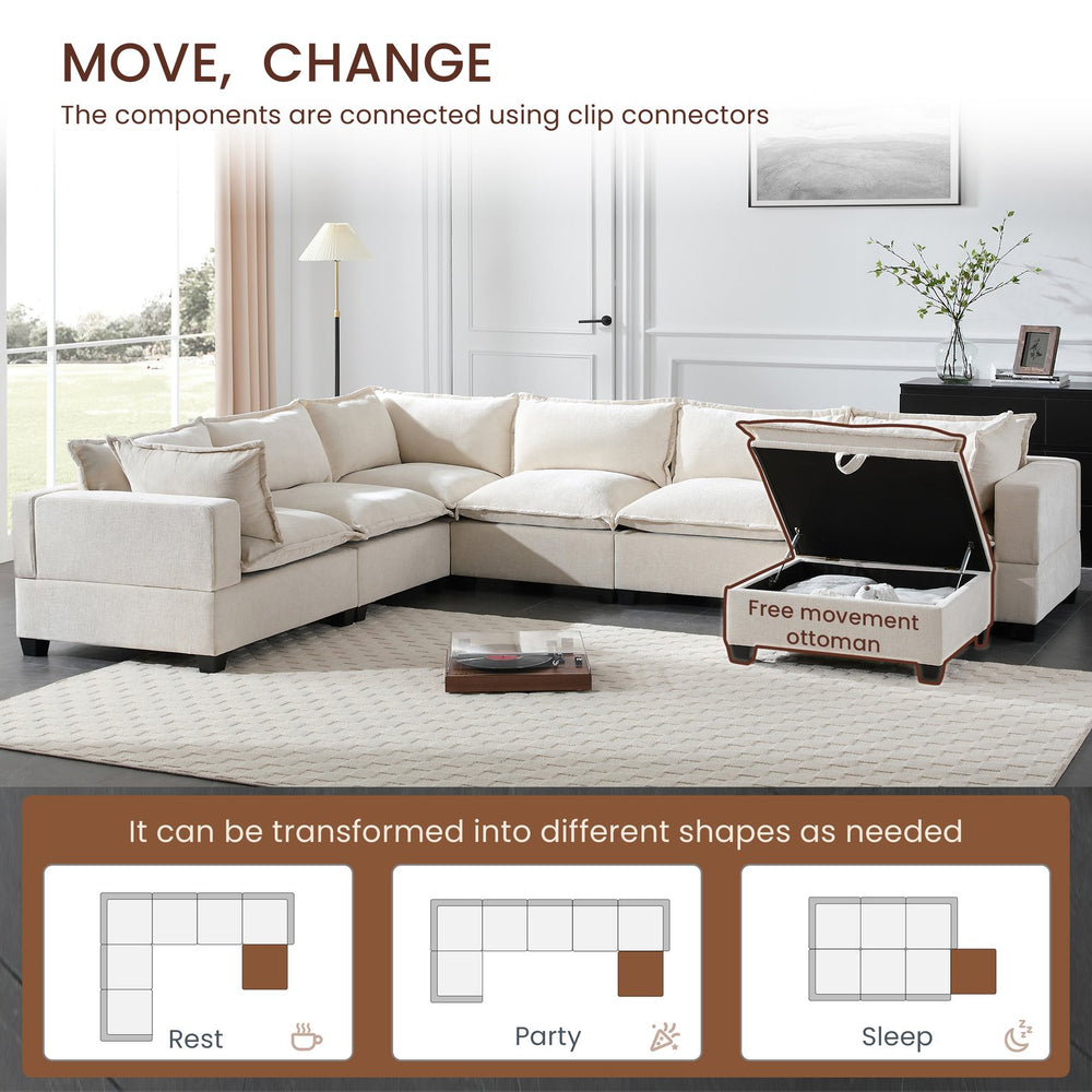 English Elm 118'' Modular Sectional Sofa with Movable Storage Ottoman, 7-Seat U-Shaped Chenille Couch for Cozy Living Off White N723S8893A