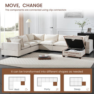English Elm 118'' Modular Sectional Sofa with Movable Storage Ottoman, 7-Seat U-Shaped Chenille Couch for Cozy Living Off White N723S8893A
