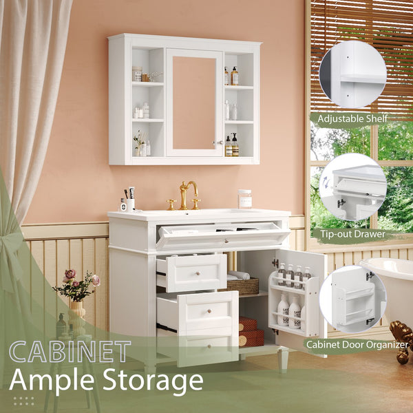 English Elm 36'' Modern Bathroom Vanity with Mirror Cabinet and Sink, Spacious Storage, Soft-Close Doors & Drawers White SW000134AAK-3