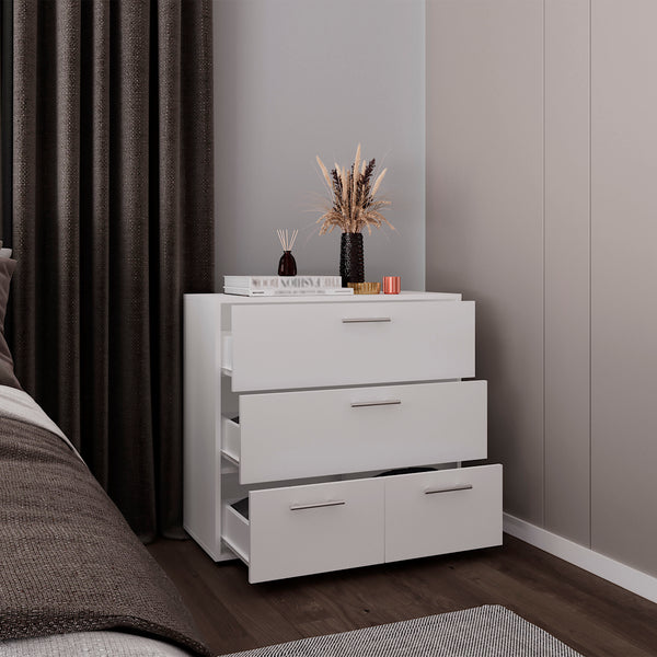 English Elm Alpine Wide Four Drawer Dresser – 31.5" White MDF Storage, Minimalist Design, Smooth-Glide Drawers B200P335332