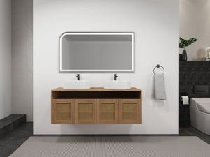 English Elm 48" Imitative Oak Wall Mounted Bathroom Vanity with Ceramic Art Sink, Plywood, 4 Soft-Close Doors, Modern Float Design W999S00399
