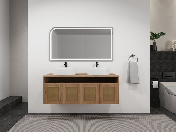 English Elm 48" Imitative Oak Wall Mounted Bathroom Vanity with Ceramic Art Sink, Plywood, 4 Soft-Close Doors, Modern Float Design W999S00399