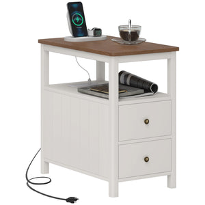 English Elm HOMCOM Narrow End Table with Charging Station, 2 Outlets & USB, 2 Drawers Shelf, Modern White W2225P249995