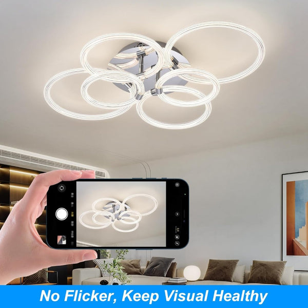 English Elm Modern Acrylic Six Ring Flush Mount Led Fixture with Dimmable Remote for Any Room T3177P283988